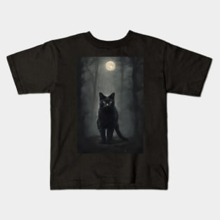 Black Cat in a Dark Forest Vintage Kids T-Shirt